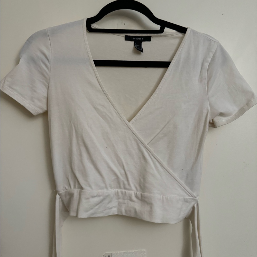 Forever 21 Short Sleeve Wrap White Crop Top